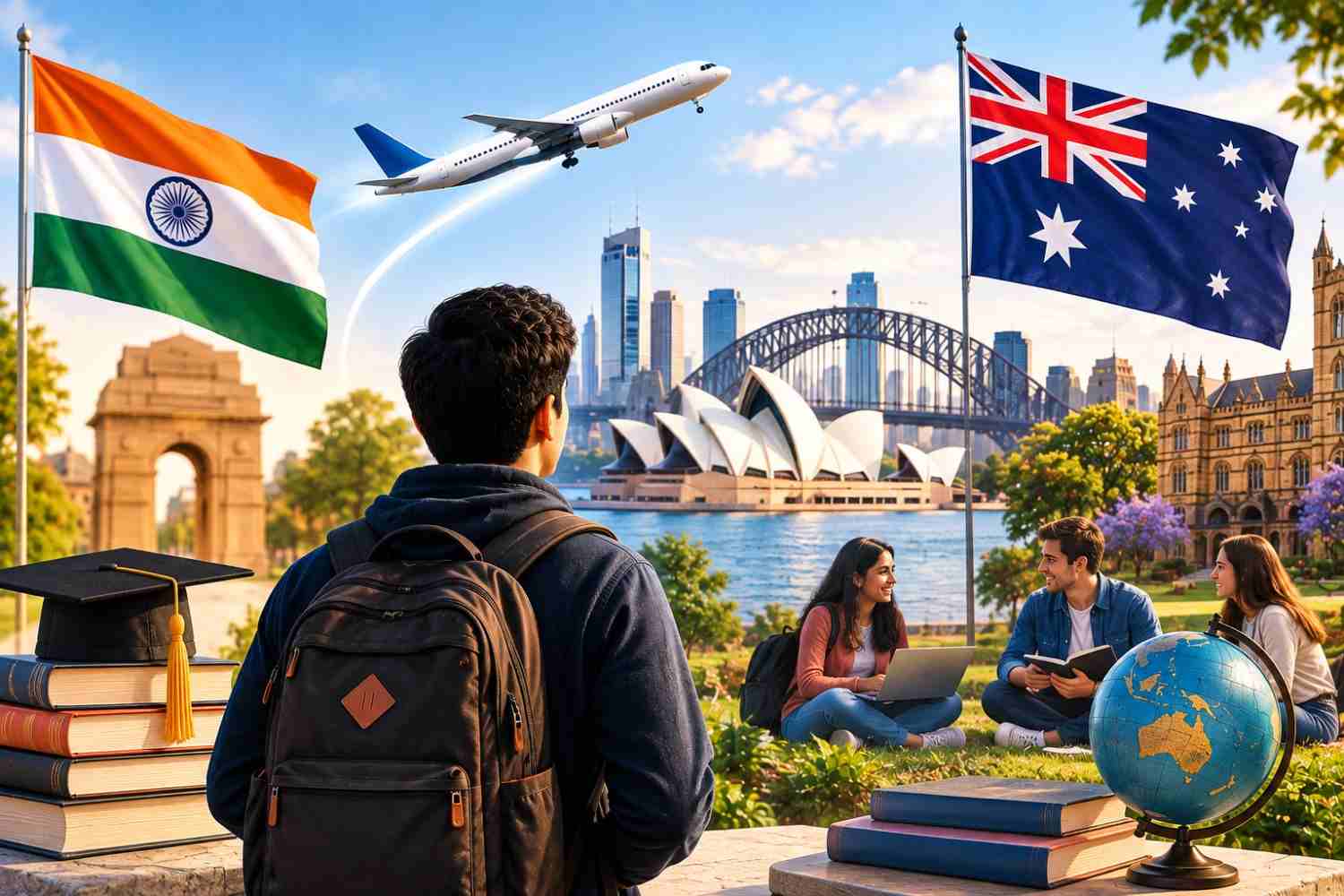 Indian student with a backpack surrounded by Indian and Australian flags, Sydney landmarks, airplane, university students, books, graduation cap, and globe, symbolizing Indian students pursuing an MBA in Australia.